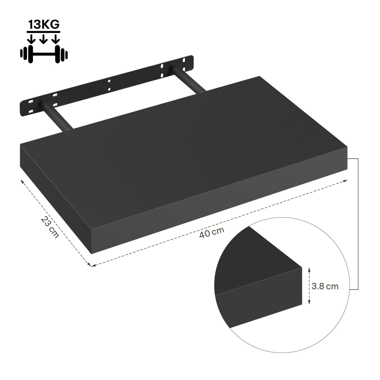 eSituro SWS0260 schwebendes Wandregal - Wandregal - schwarz matt MDF - 40 x 23 x 3,8 cm - Belastbarkeit 10 kg
