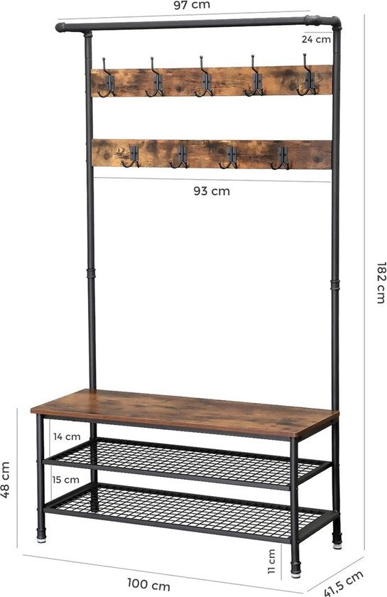 Goliving Garderobe XL - Garderobenständer - Schuhablage - Stehend - Industrieschrank - Metall/Holz - 100 x 41,5 x 182 cm - Braun/Schwarz