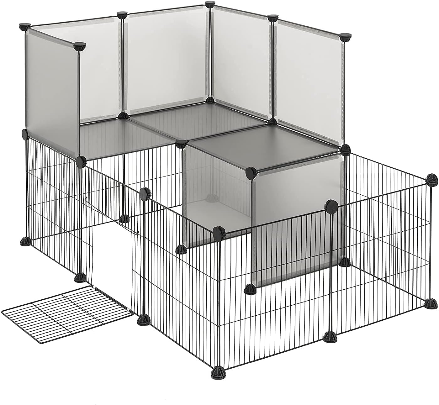 EUGAD doppelter Bodenauslauf für Haustiere - modularer Welpen- und Nagerauslauf mit Tür - grau - 107 x 72 x 72 cm - Platten 35 x 35 cm