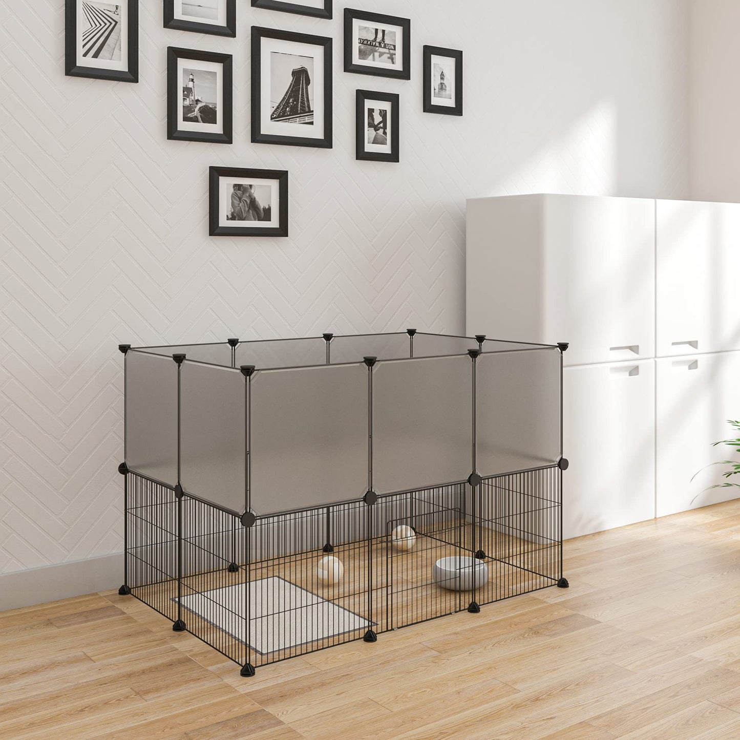 EUGAD doppelter Bodenauslauf für Haustiere - modularer Welpen- und Nagerauslauf mit Tür - grau - 107 x 72 x 72 cm - Platten 35 x 35 cm
