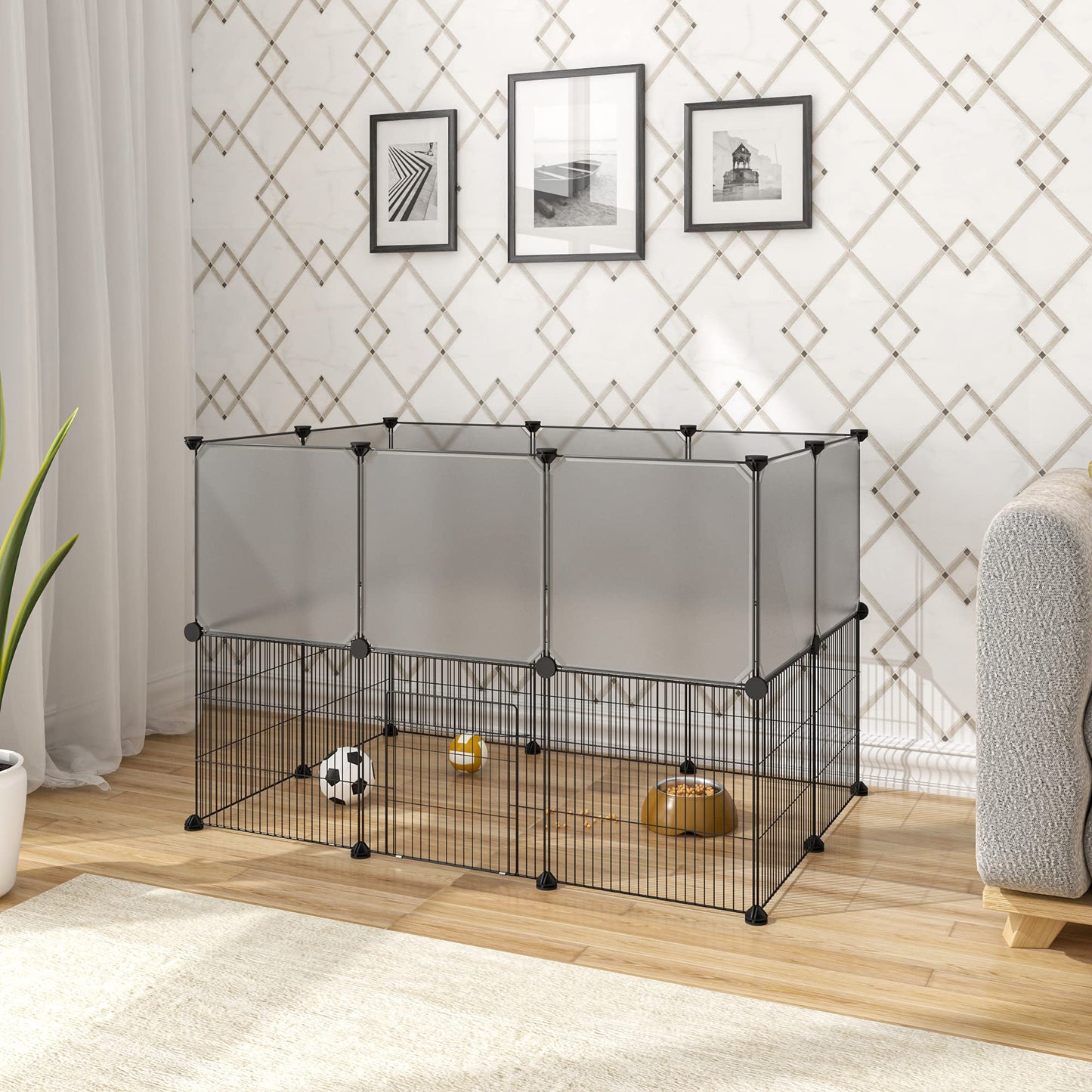 EUGAD doppelter Bodenauslauf für Haustiere - modularer Welpen- und Nagerauslauf mit Tür - grau - 107 x 72 x 72 cm - Platten 35 x 35 cm