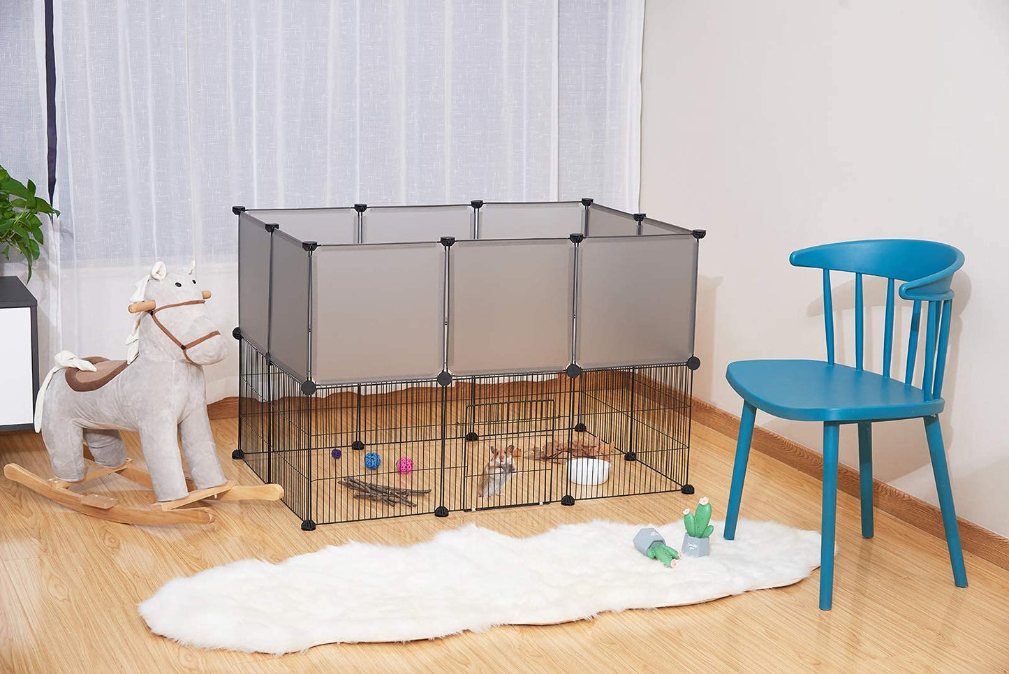 EUGAD doppelter Bodenauslauf für Haustiere - modularer Welpen- und Nagerauslauf mit Tür - grau - 107 x 72 x 72 cm - Platten 35 x 35 cm