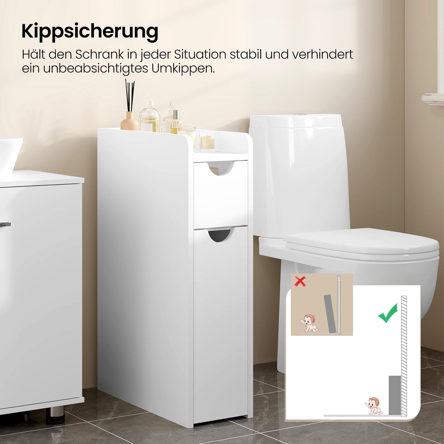 EUGAD schmaler Badezimmerschrank - freistehender Schrank - mit Schublade auf Rollen - weiß