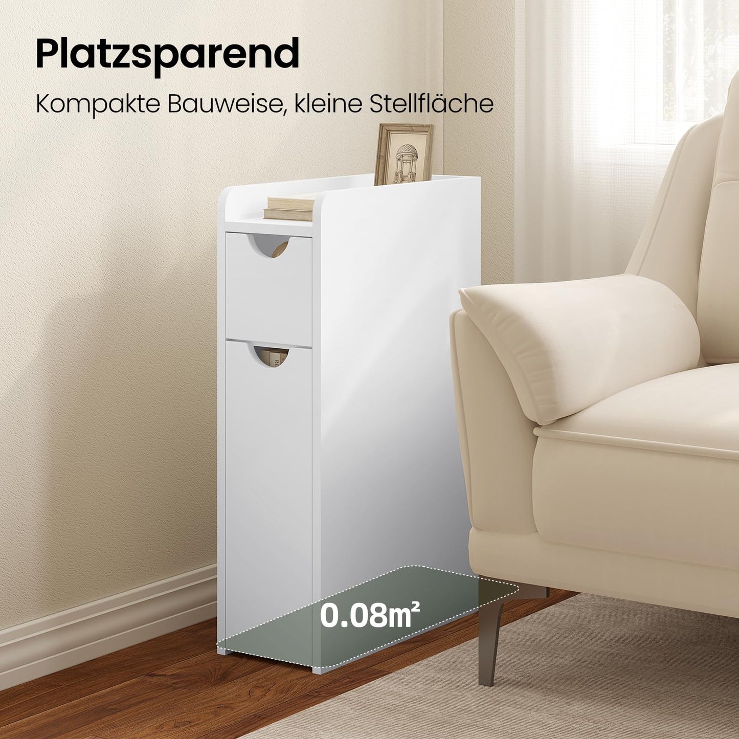 EUGAD schmaler Badezimmerschrank - freistehender Schrank - mit Schublade auf Rollen - weiß