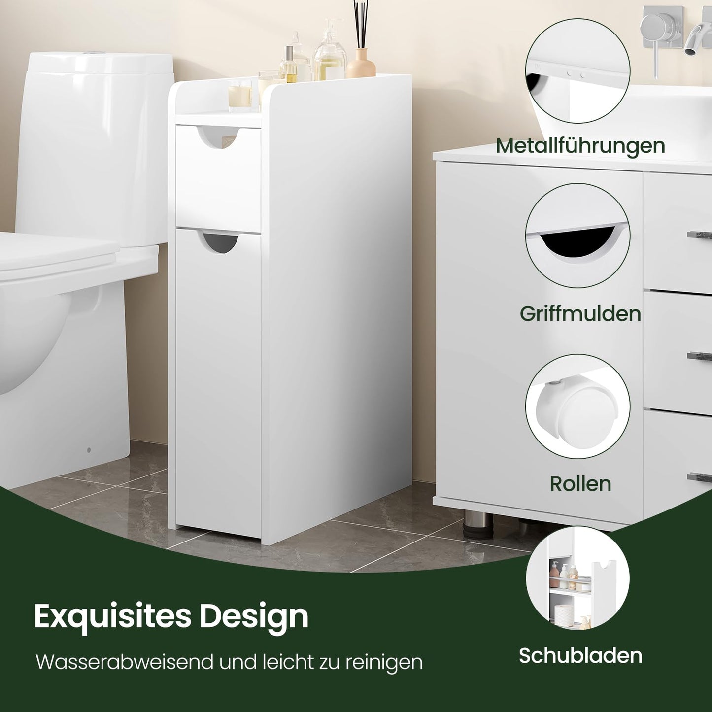 EUGAD schmaler Badezimmerschrank - freistehender Schrank - mit Schublade auf Rollen - weiß