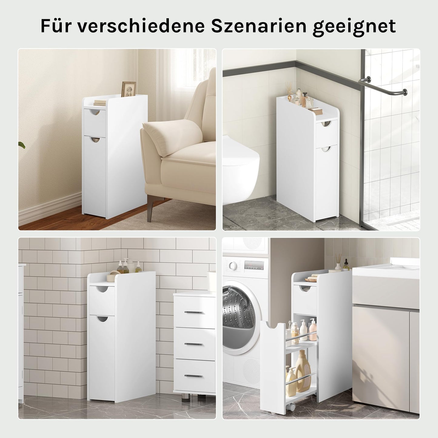 EUGAD schmaler Badezimmerschrank - freistehender Schrank - mit Schublade auf Rollen - weiß