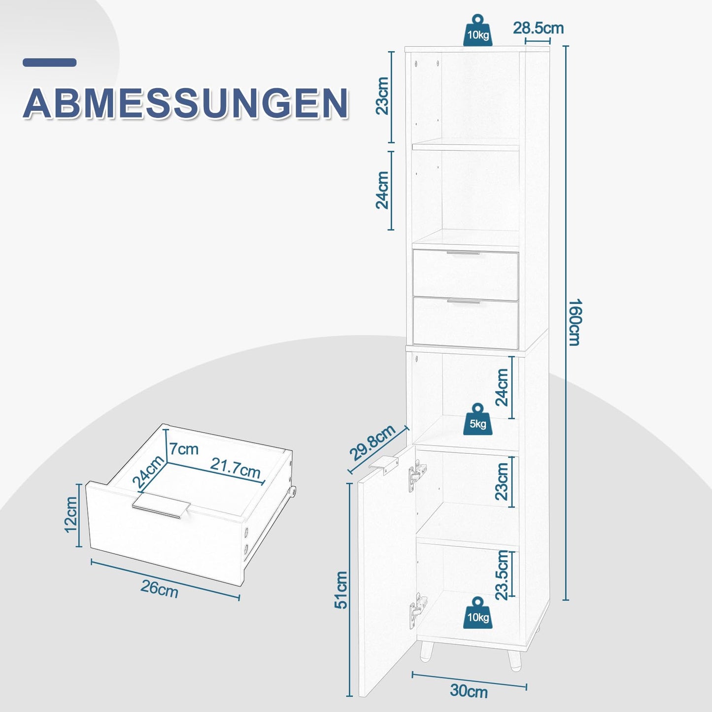 EUGAD Badezimmer Hochschrank - Hochglanz weiß - freistehend - 30 x 160 x 28,5 cm