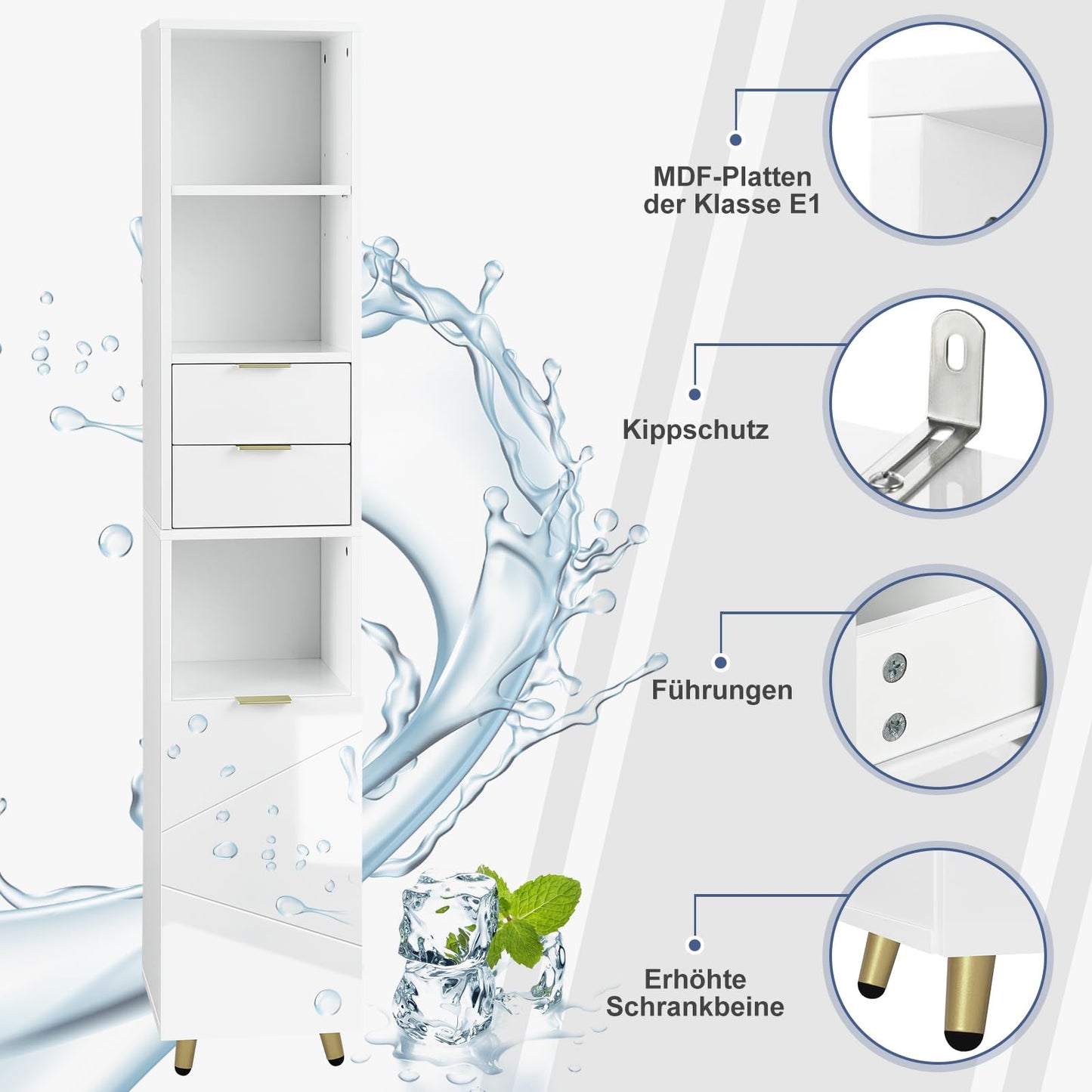 EUGAD Badezimmer Hochschrank - Hochglanz weiß - freistehend - 30 x 160 x 28,5 cm