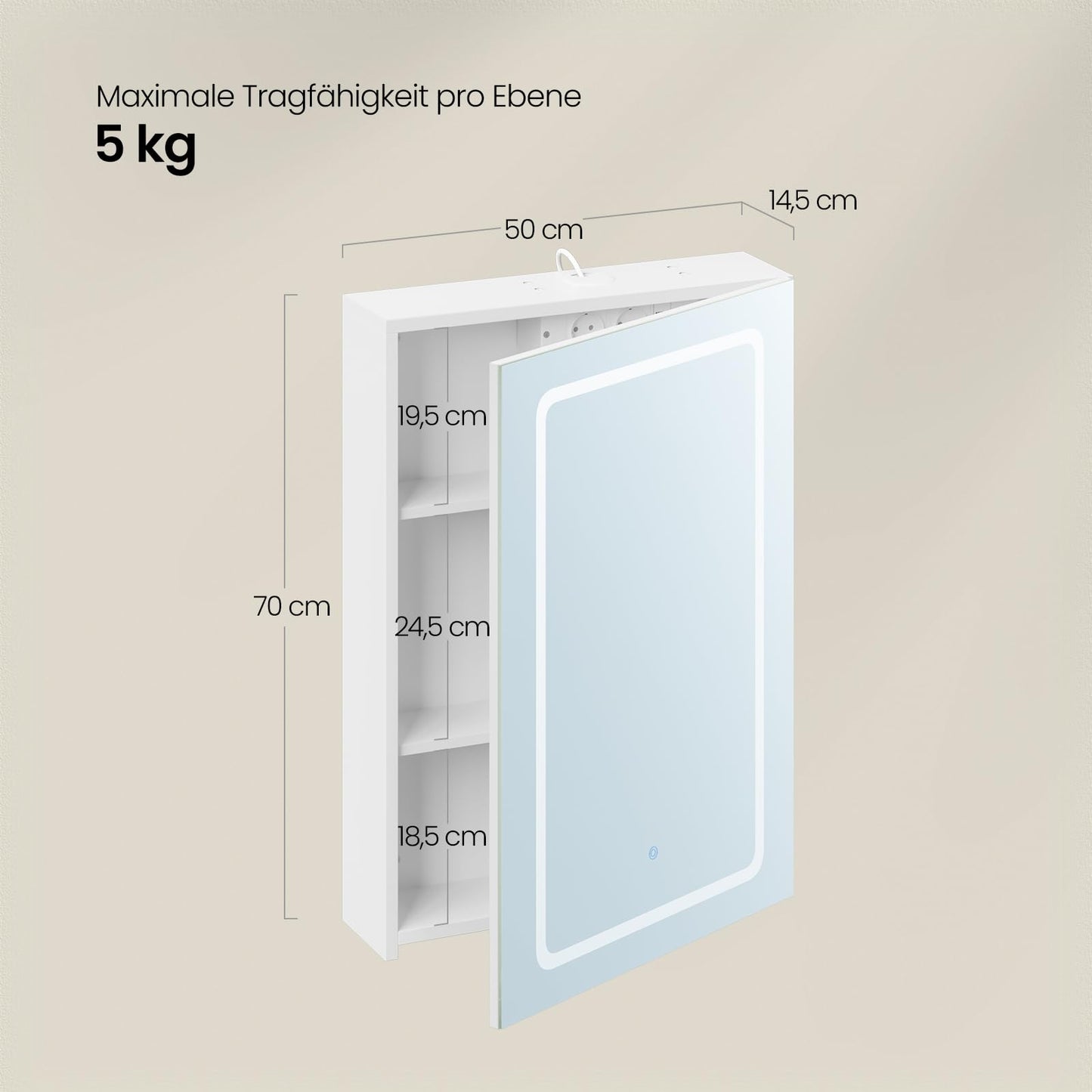 EUGAD Badspiegelschrank - 1 Spiegeltür - 3 Farbtemperaturen - mit Steckdose - weiß - 50 x 70 x 14,5 cm