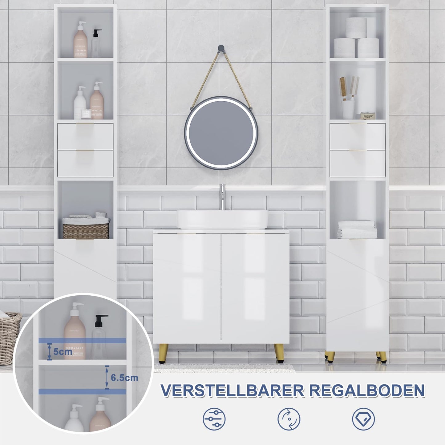 EUGAD Badezimmer Hochschrank - Hochglanz weiß - freistehend - 30 x 160 x 28,5 cm