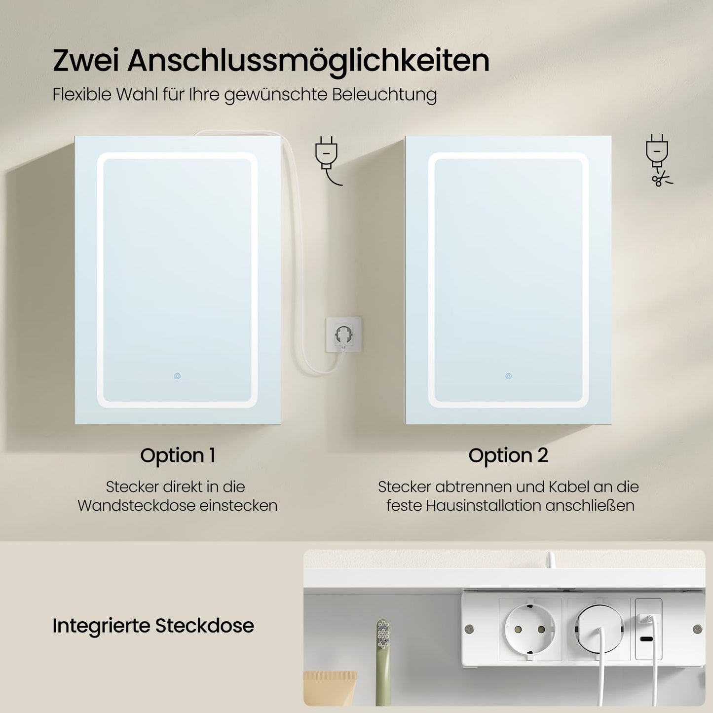EUGAD Badspiegelschrank - 1 Spiegeltür - 3 Farbtemperaturen - mit Steckdose - weiß - 50 x 70 x 14,5 cm