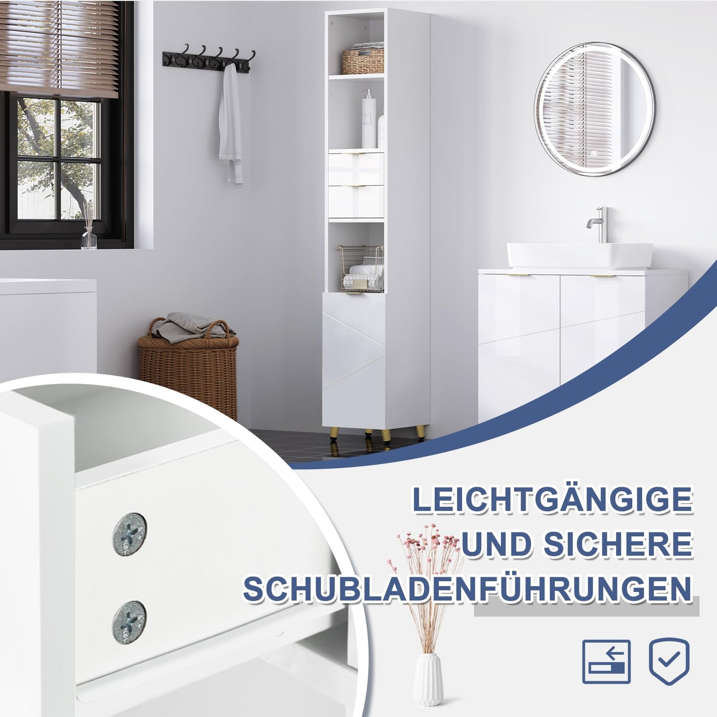 EUGAD Badezimmer Hochschrank - Hochglanz weiß - freistehend - 30 x 160 x 28,5 cm