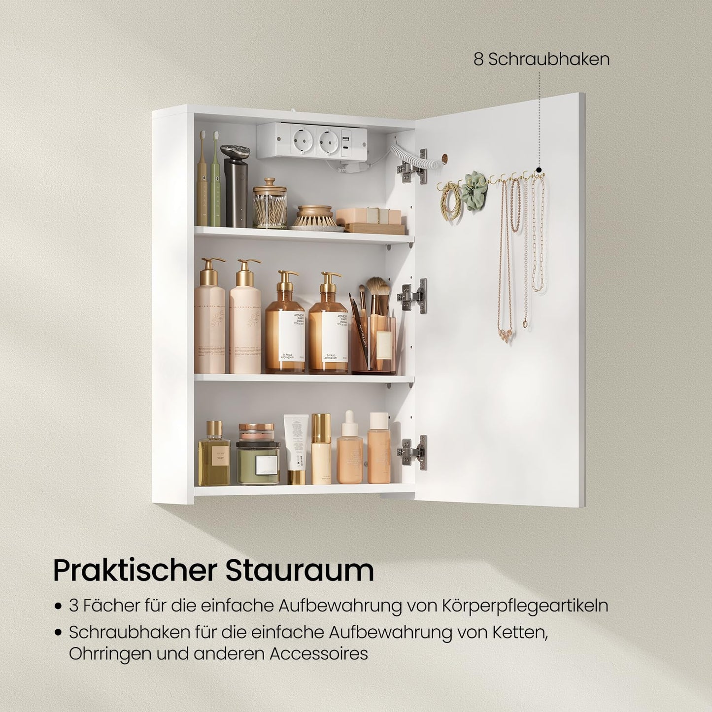 EUGAD Badspiegelschrank - 1 Spiegeltür - 3 Farbtemperaturen - mit Steckdose - weiß - 50 x 70 x 14,5 cm