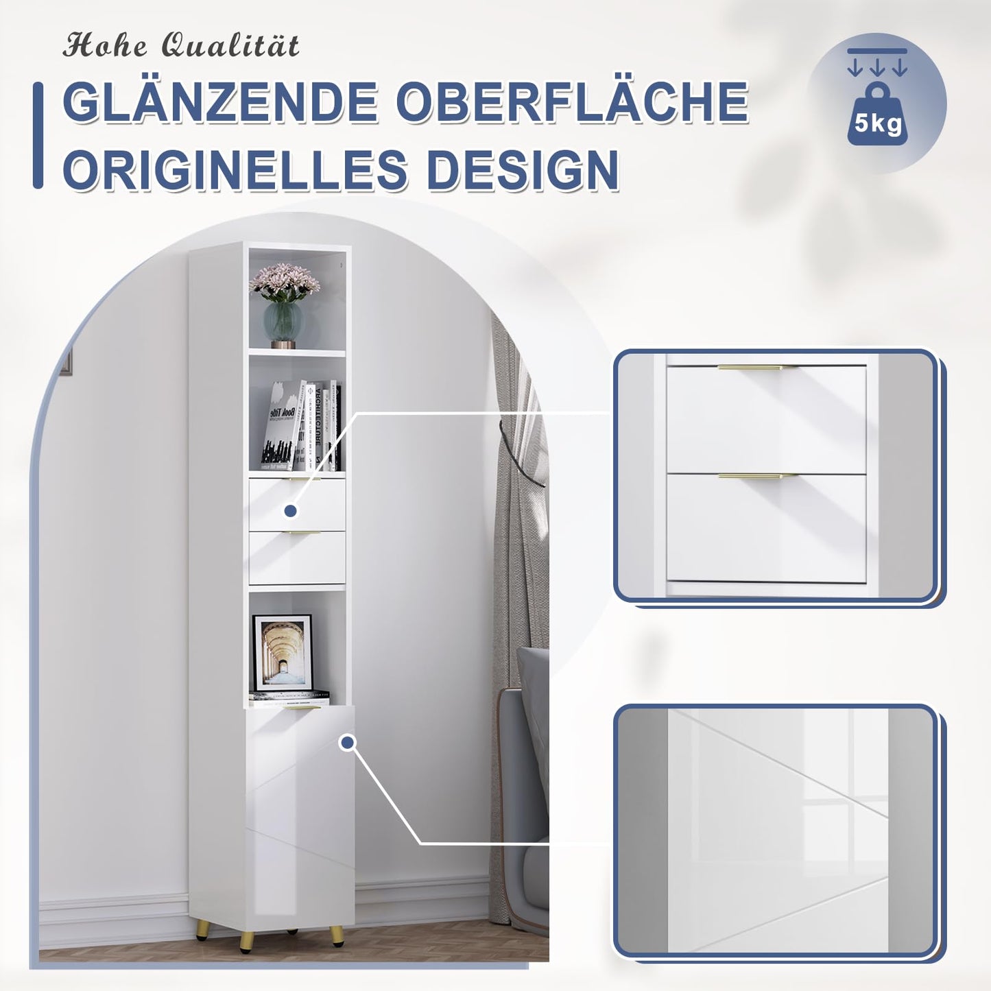 EUGAD Badezimmer Hochschrank - Hochglanz weiß - freistehend - 30 x 160 x 28,5 cm