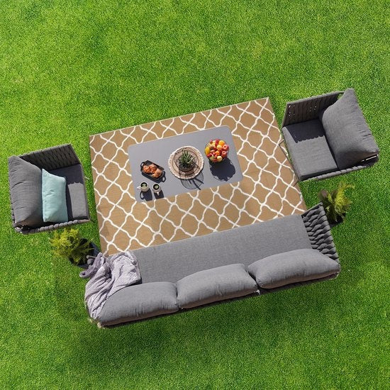 LifeGoods Outdoor-Teppich - 120x180CM - Gartenteppich - Reversibel - Inkl. Tragetasche - Mit Muster - Beige/Weiß