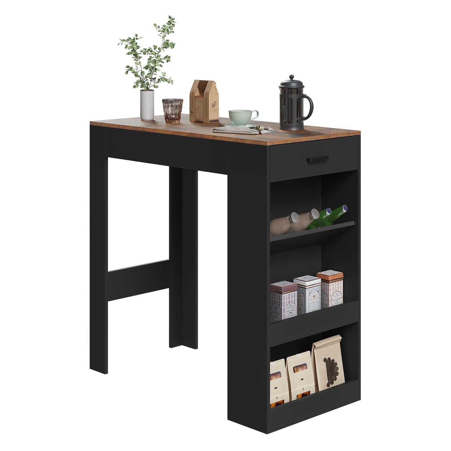 WOLTU Stehtisch – Stehtisch mit Schublade, 3 Regalböden und Weinregal – rustikales Braun mit Schwarz – 100 x 50 x 100 cm