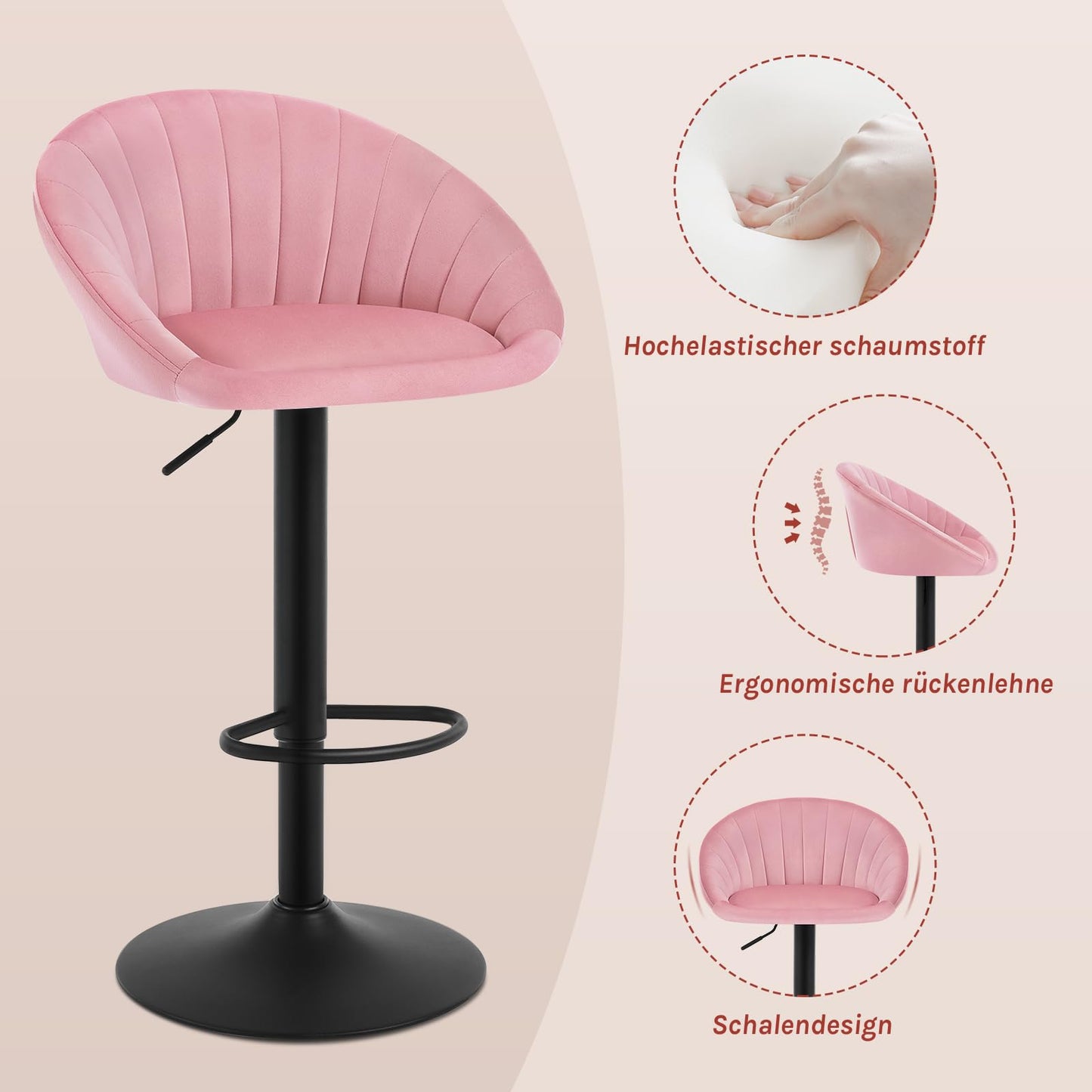 WOLTU BH428rs-1 Barhocker – höhenverstellbar und drehbar – rosa Samt – mit Rückenlehne – max. 150 kg