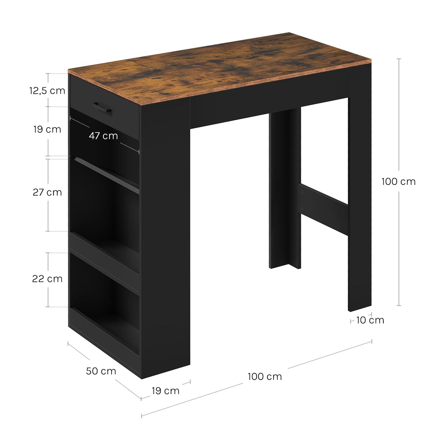 WOLTU Stehtisch – Stehtisch mit Schublade, 3 Regalböden und Weinregal – rustikales Braun mit Schwarz – 100 x 50 x 100 cm