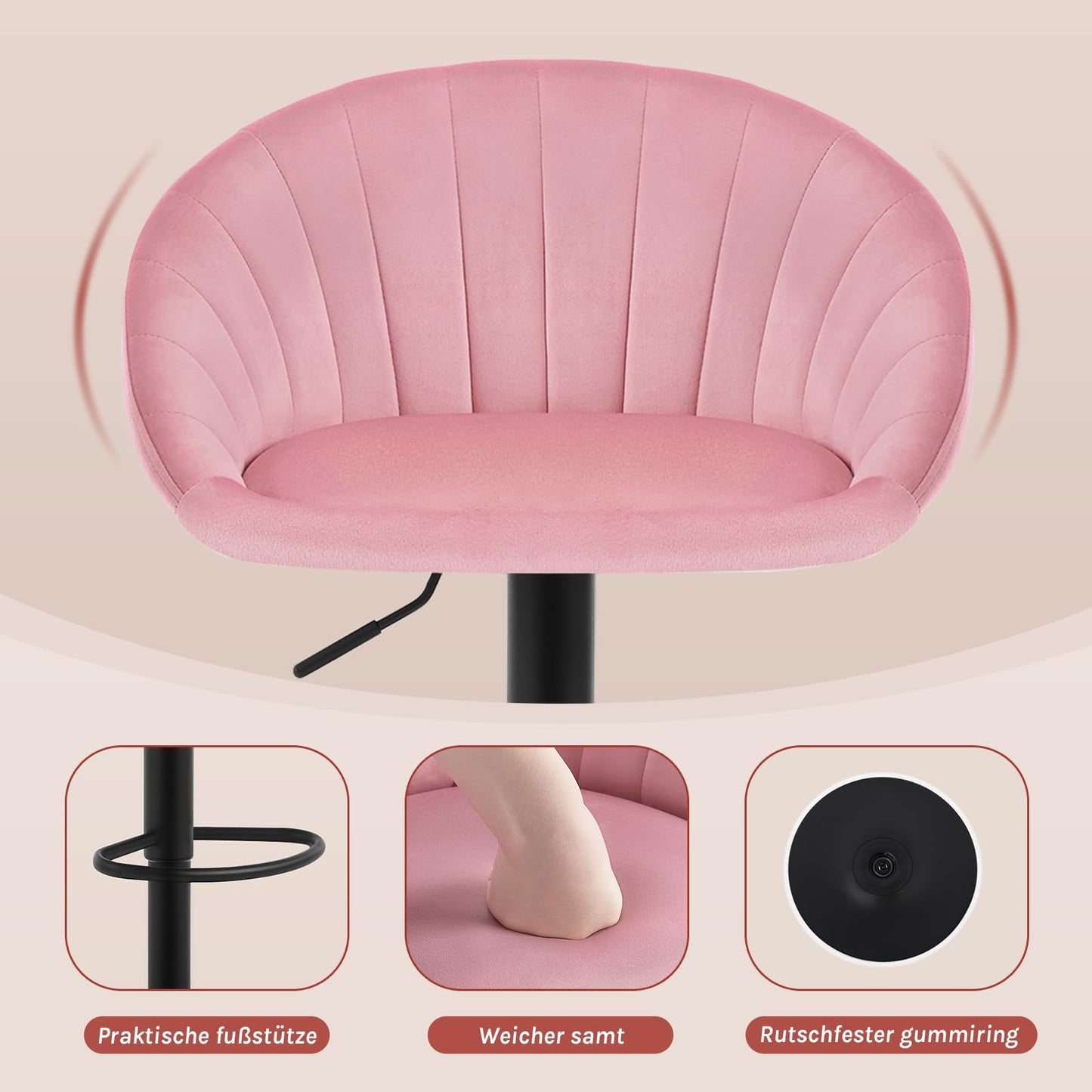 WOLTU BH428rs-1 Barhocker – höhenverstellbar und drehbar – rosa Samt – mit Rückenlehne – max. 150 kg
