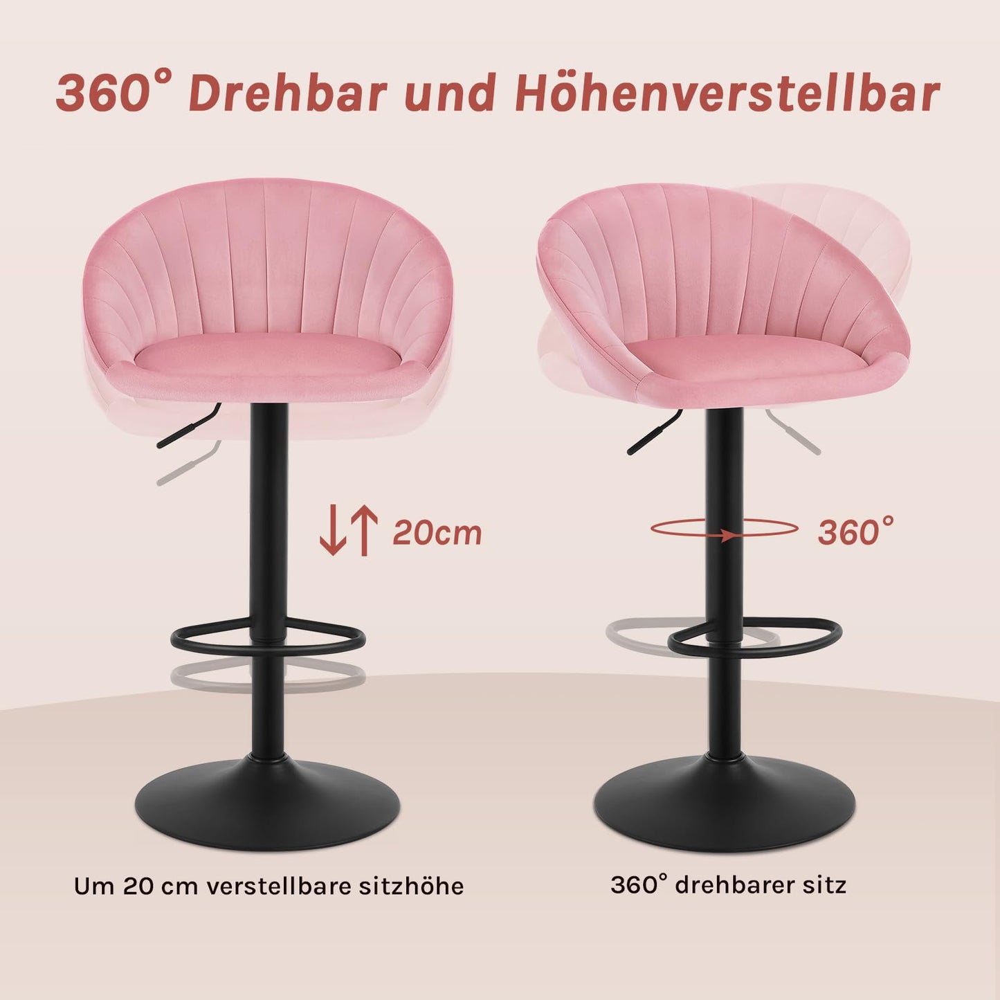 WOLTU BH428rs-1 Barhocker – höhenverstellbar und drehbar – rosa Samt – mit Rückenlehne – max. 150 kg
