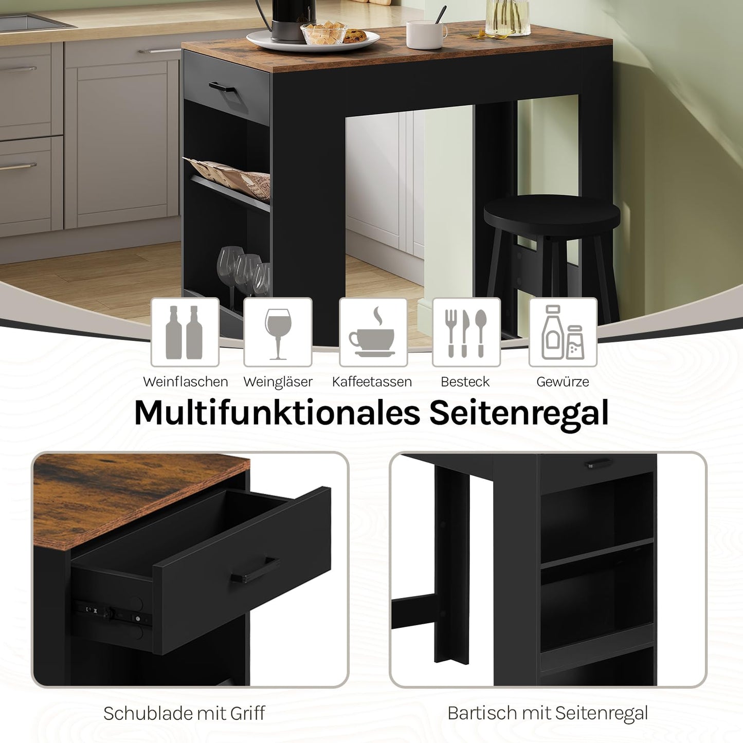 WOLTU Stehtisch – Stehtisch mit Schublade, 3 Regalböden und Weinregal – rustikales Braun mit Schwarz – 100 x 50 x 100 cm