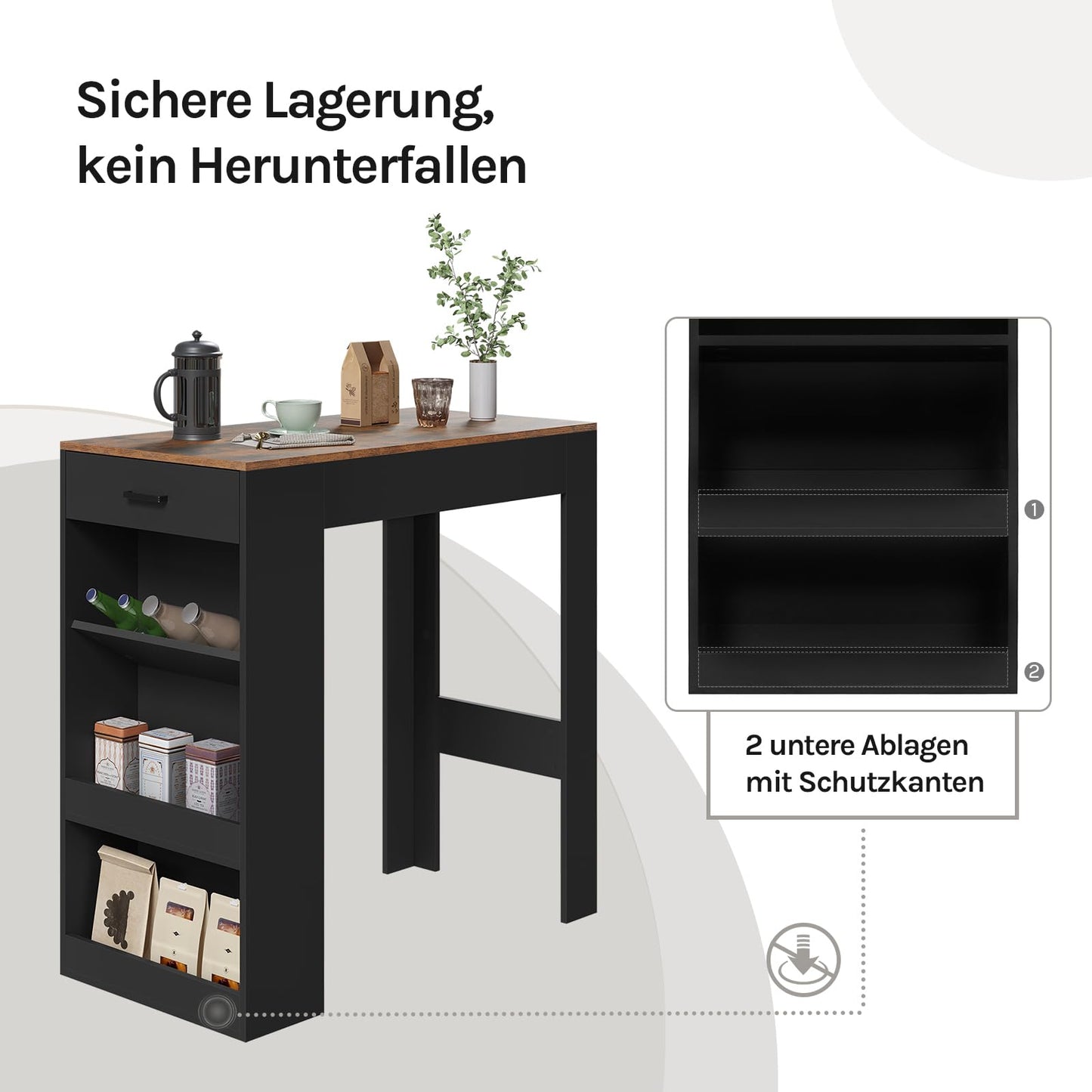 WOLTU Stehtisch – Stehtisch mit Schublade, 3 Regalböden und Weinregal – rustikales Braun mit Schwarz – 100 x 50 x 100 cm