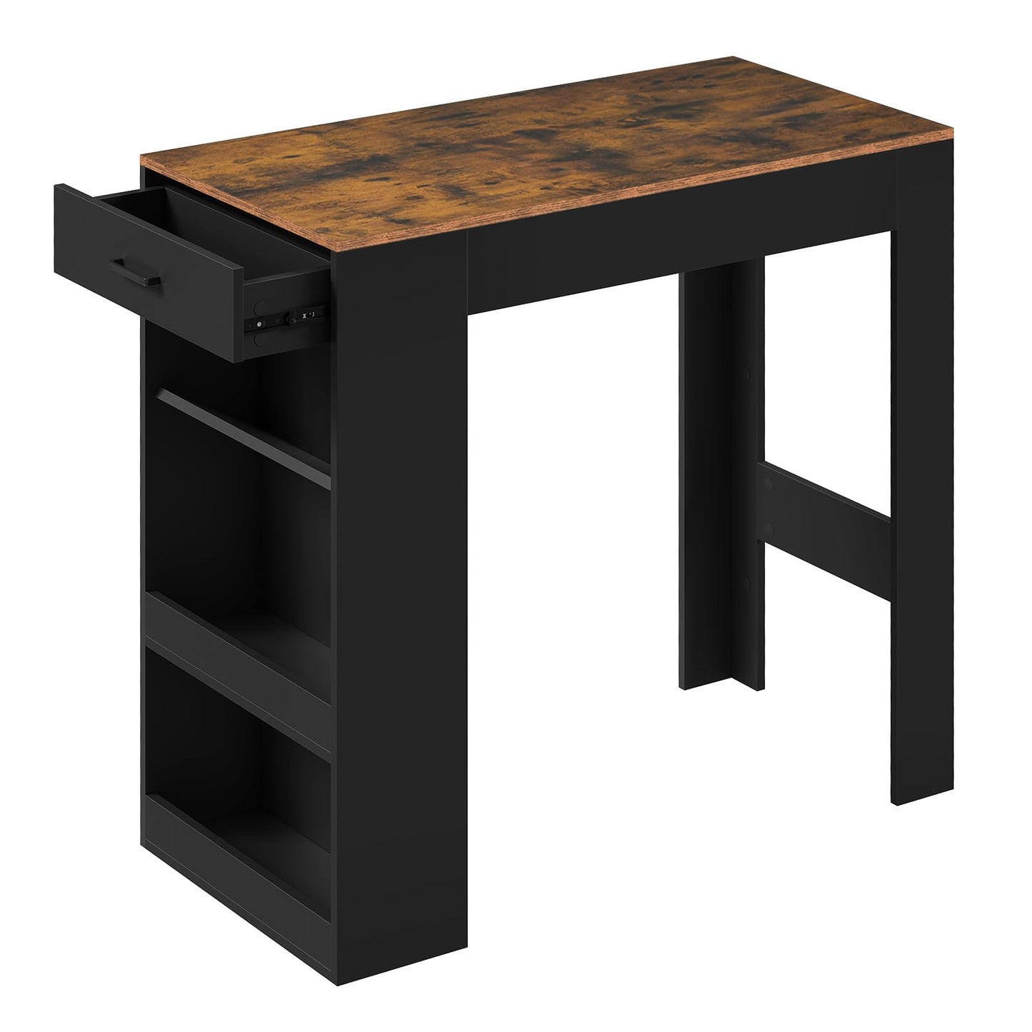 WOLTU Stehtisch – Stehtisch mit Schublade, 3 Regalböden und Weinregal – rustikales Braun mit Schwarz – 100 x 50 x 100 cm