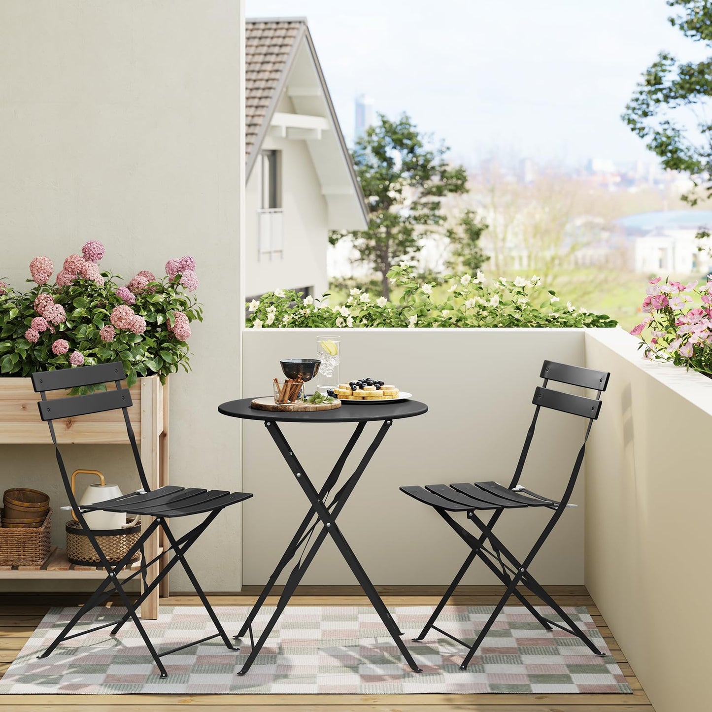 ESituro Bistro-Set Gartenmöbel – 3-teilig, zusammenklappbar – Tisch 60 cm und 2 Stühle – schwarz – für Balkon und Terrasse