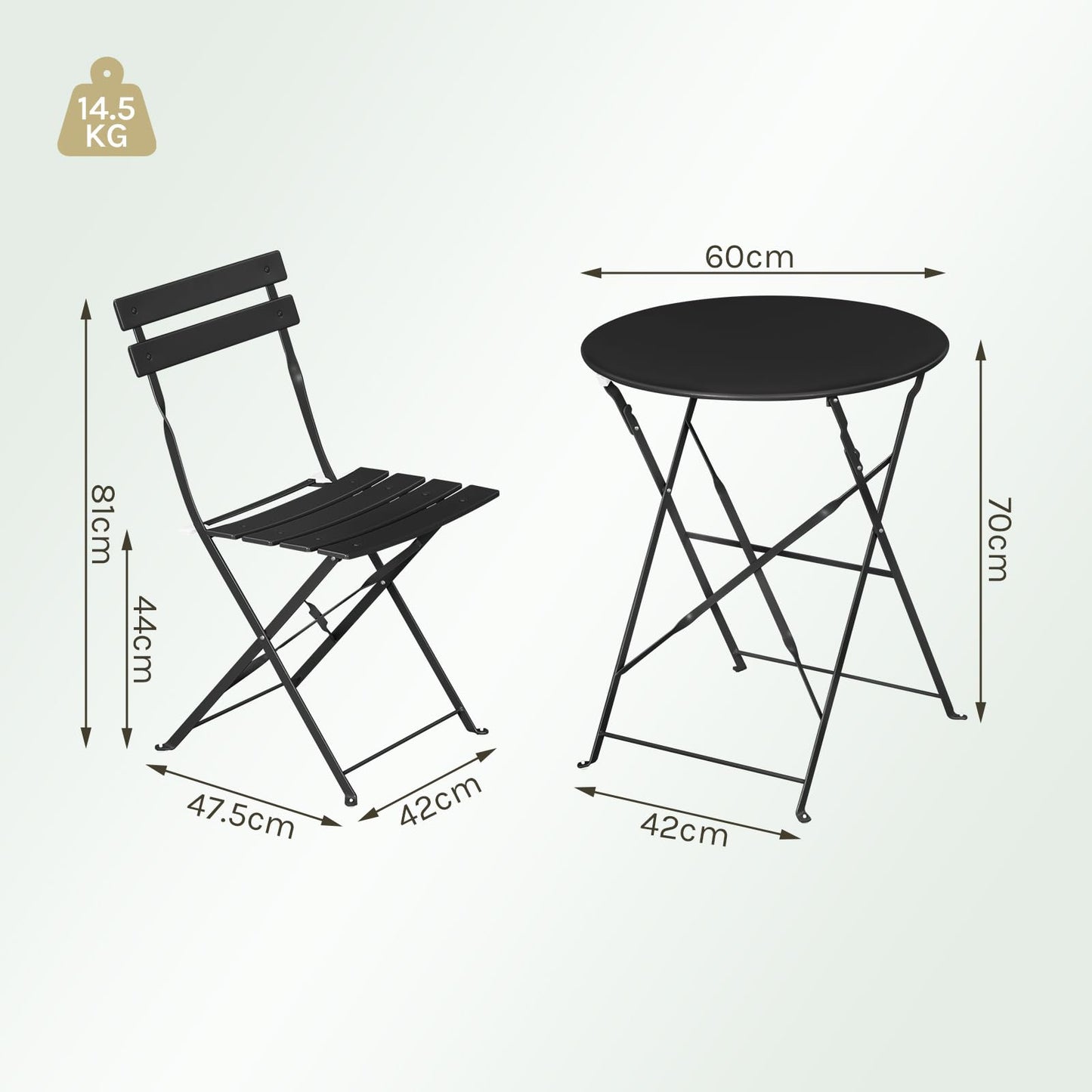ESituro Bistro-Set Gartenmöbel – 3-teilig, zusammenklappbar – Tisch 60 cm und 2 Stühle – schwarz – für Balkon und Terrasse