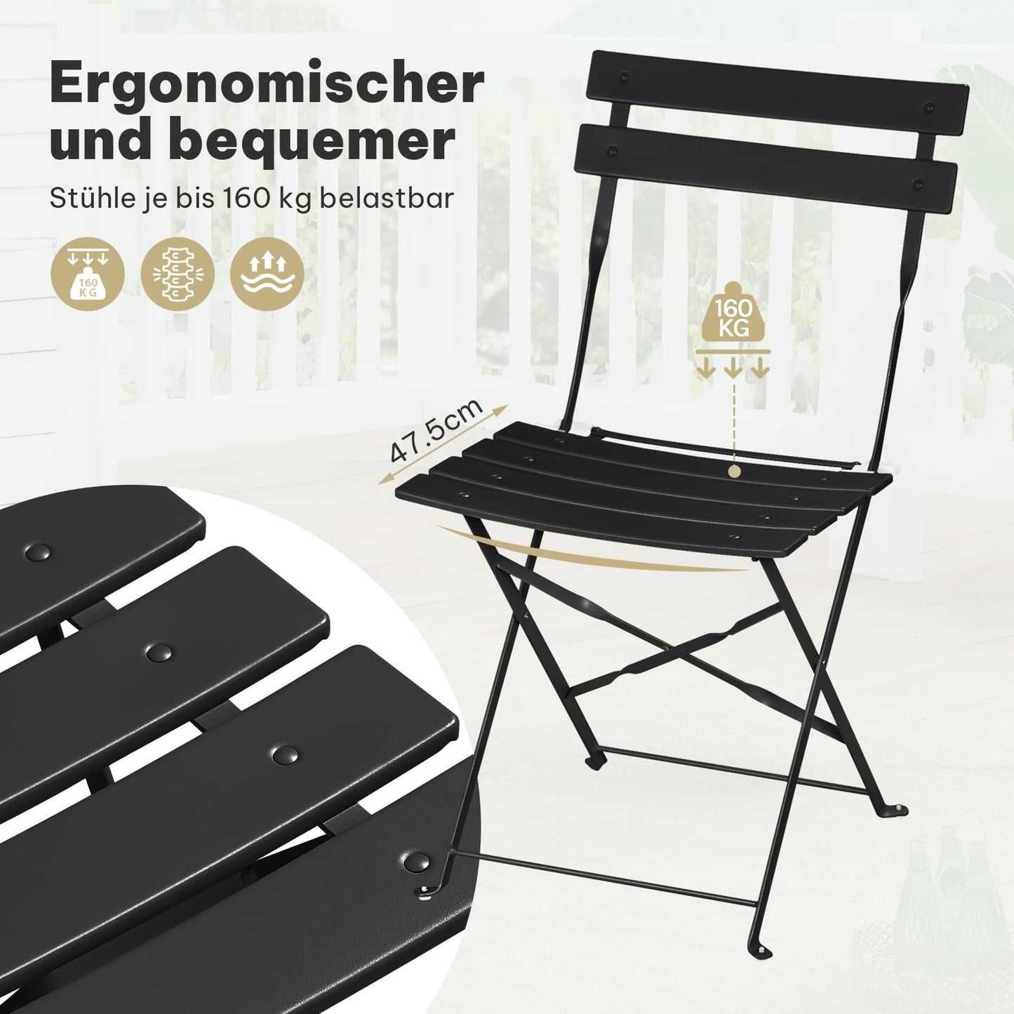 ESituro Bistro-Set Gartenmöbel – 3-teilig, zusammenklappbar – Tisch 60 cm und 2 Stühle – schwarz – für Balkon und Terrasse