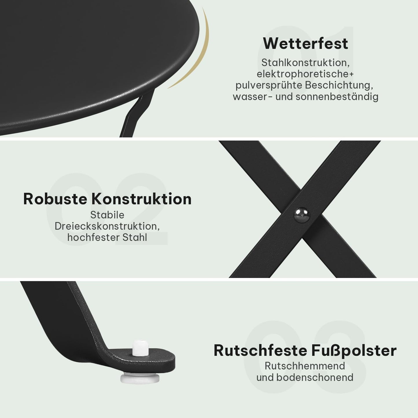 ESituro Bistro-Set Gartenmöbel – 3-teilig, zusammenklappbar – Tisch 60 cm und 2 Stühle – schwarz – für Balkon und Terrasse