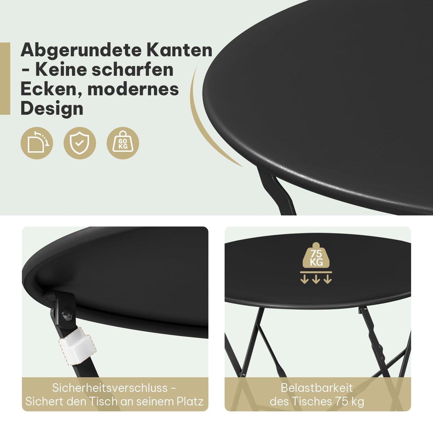 ESituro Bistro-Set Gartenmöbel – 3-teilig, zusammenklappbar – Tisch 60 cm und 2 Stühle – schwarz – für Balkon und Terrasse