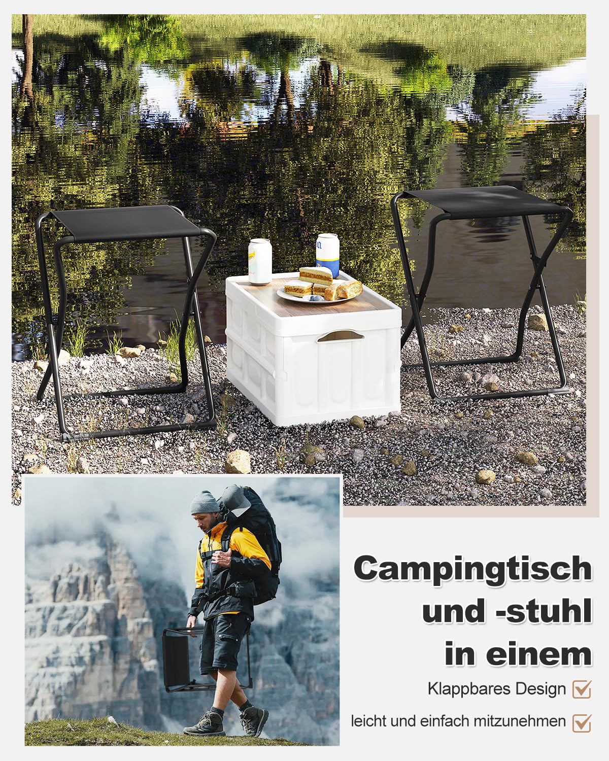 Esituro Campingtisch – Zusammenklappbar – Tragbar – Für den Außenbereich – 40,5 x 40,5 x 50 cm – Schwarz