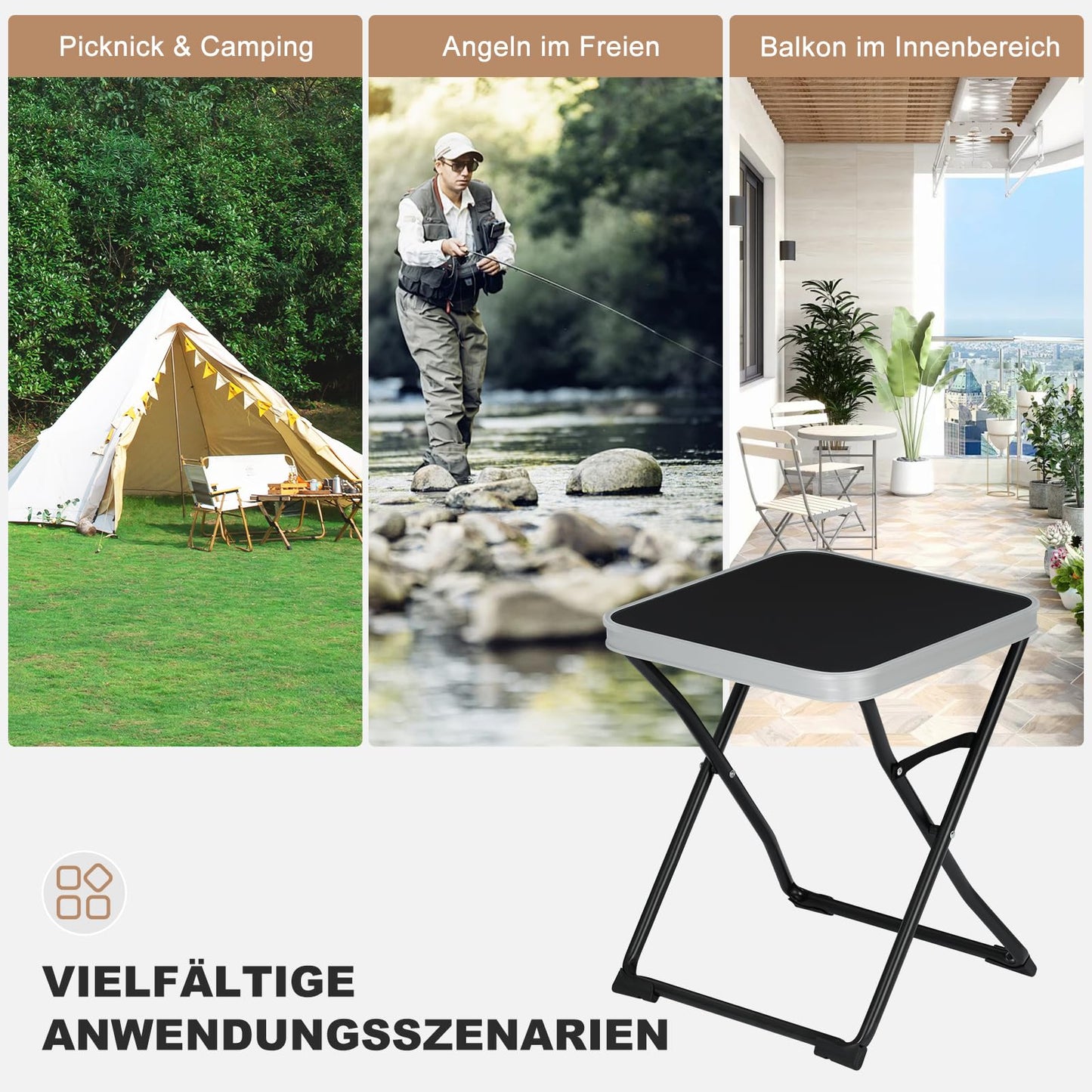 Esituro Campingtisch – Zusammenklappbar – Tragbar – Für den Außenbereich – 40,5 x 40,5 x 50 cm – Schwarz