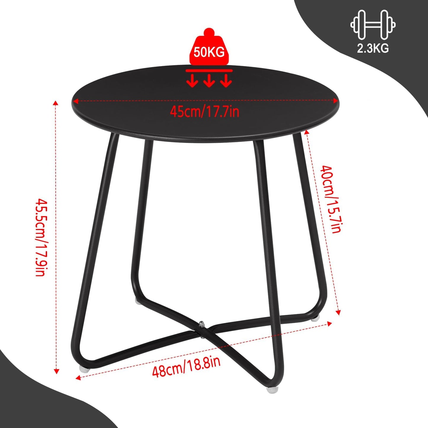 eSituro runder Beistelltisch – Balkon- und Gartentisch aus Metall – schwarz – Durchmesser 45 cm, Höhe 45 cm