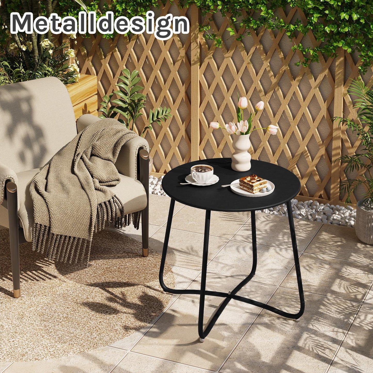 eSituro runder Beistelltisch – Balkon- und Gartentisch aus Metall – schwarz – Durchmesser 45 cm, Höhe 45 cm
