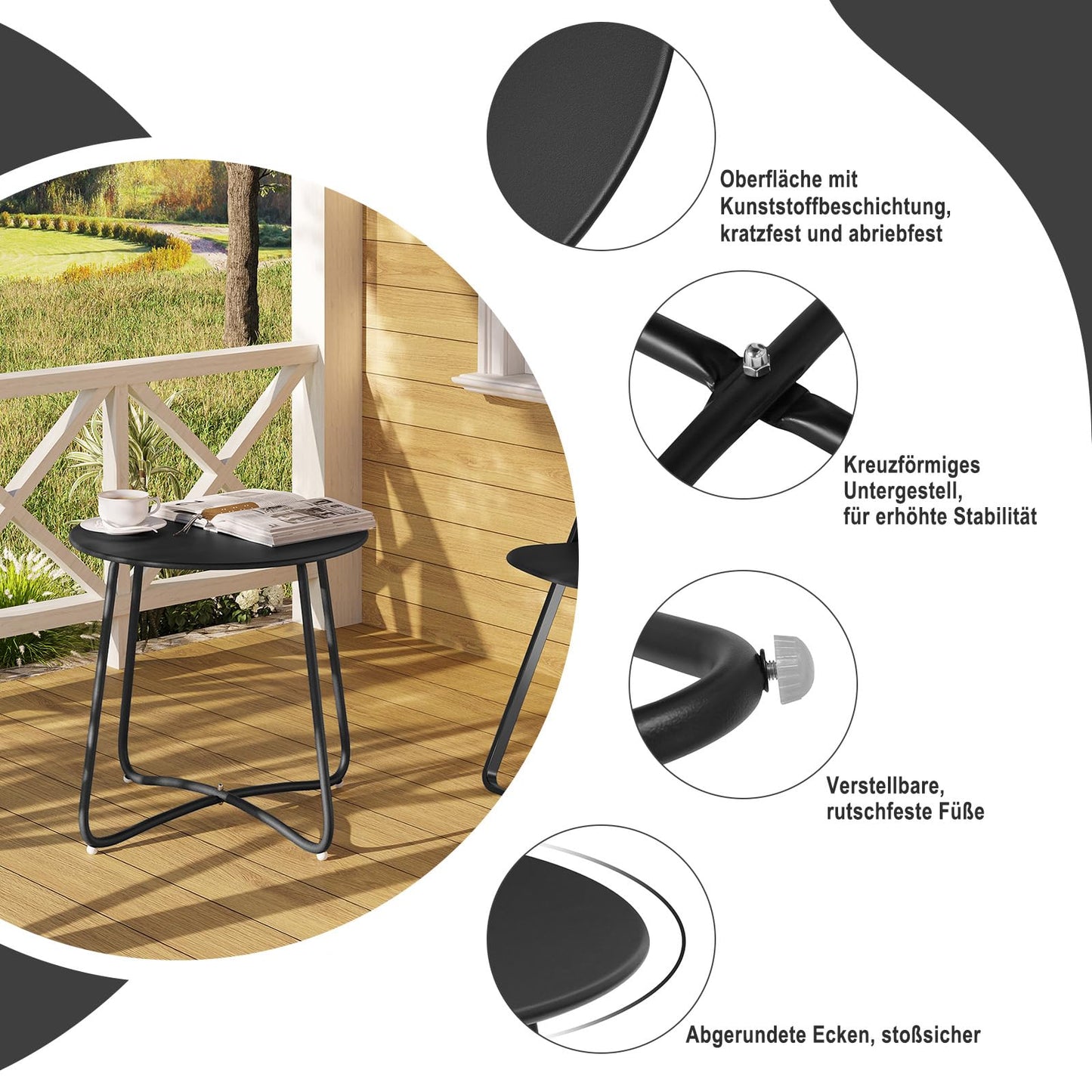 eSituro runder Beistelltisch – Balkon- und Gartentisch aus Metall – schwarz – Durchmesser 45 cm, Höhe 45 cm
