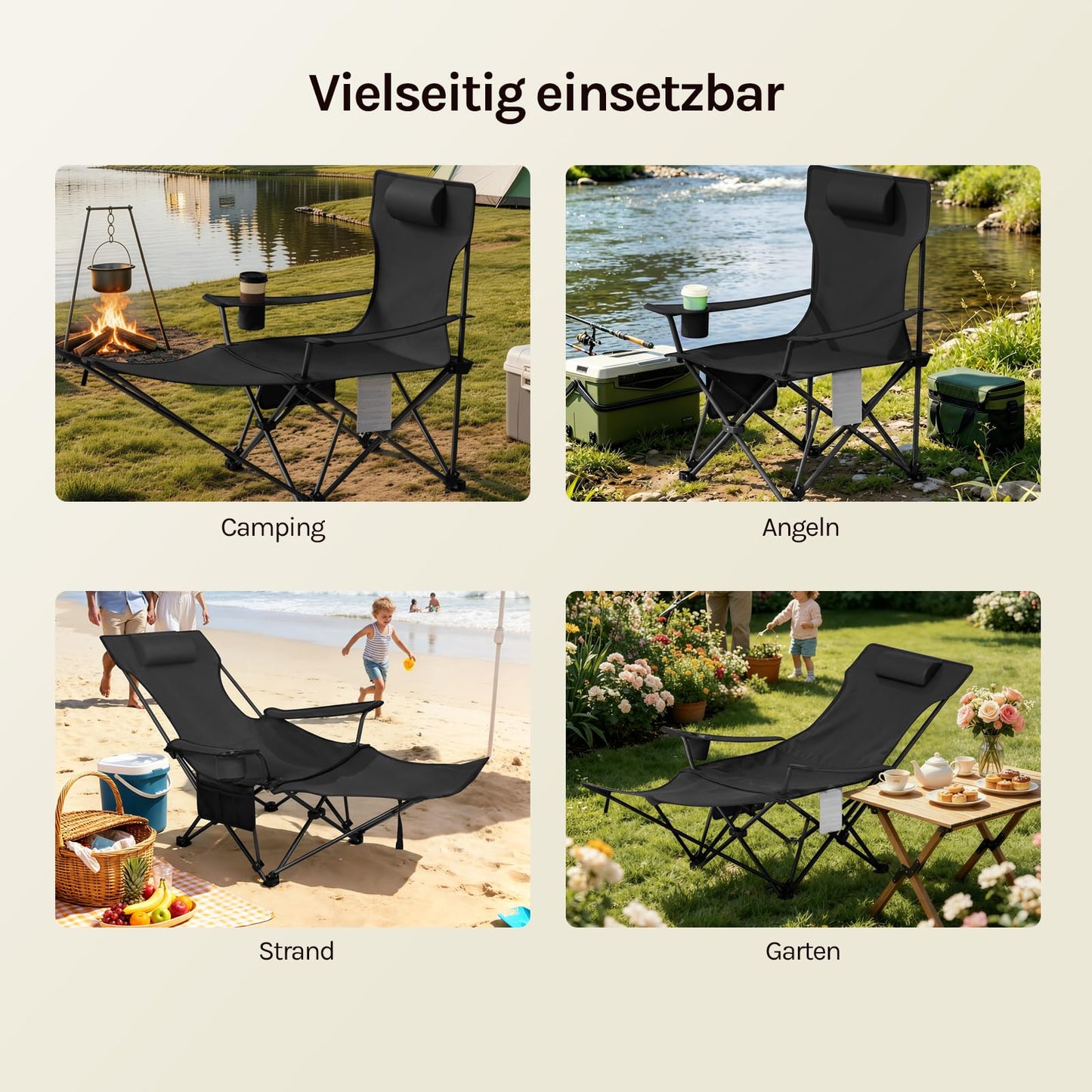 WOLTU 2-in-1-Campingstuhl-Set, 2 Stück – klappbarer Angelstuhl mit Fußstütze – Getränkehalter – grau, schwarz, blau