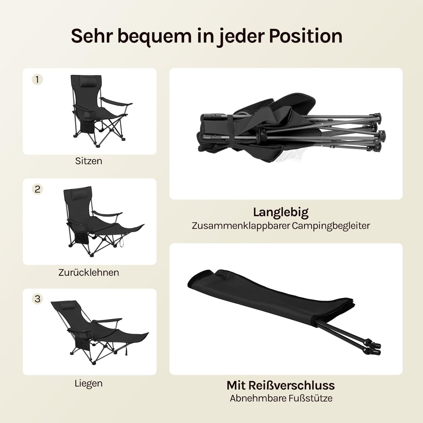 WOLTU 2-in-1-Campingstuhl-Set, 2 Stück – klappbarer Angelstuhl mit Fußstütze – Getränkehalter – grau, schwarz, blau