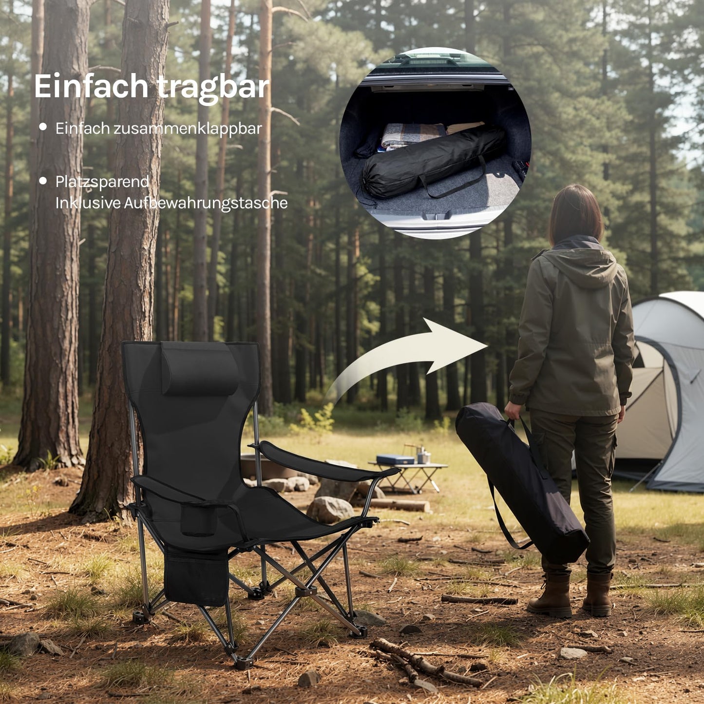 WOLTU 2-in-1-Campingstuhl-Set, 2 Stück – klappbarer Angelstuhl mit Fußstütze – Getränkehalter – grau, schwarz, blau