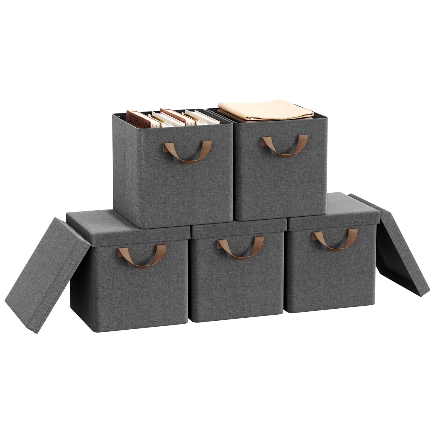 WOLTU Faltbare Aufbewahrungsboxen, 5er-Set – Aufbewahrungswürfel aus Stoff mit Deckel und Metallrahmen – grau, 27 x 27 x 27 cm