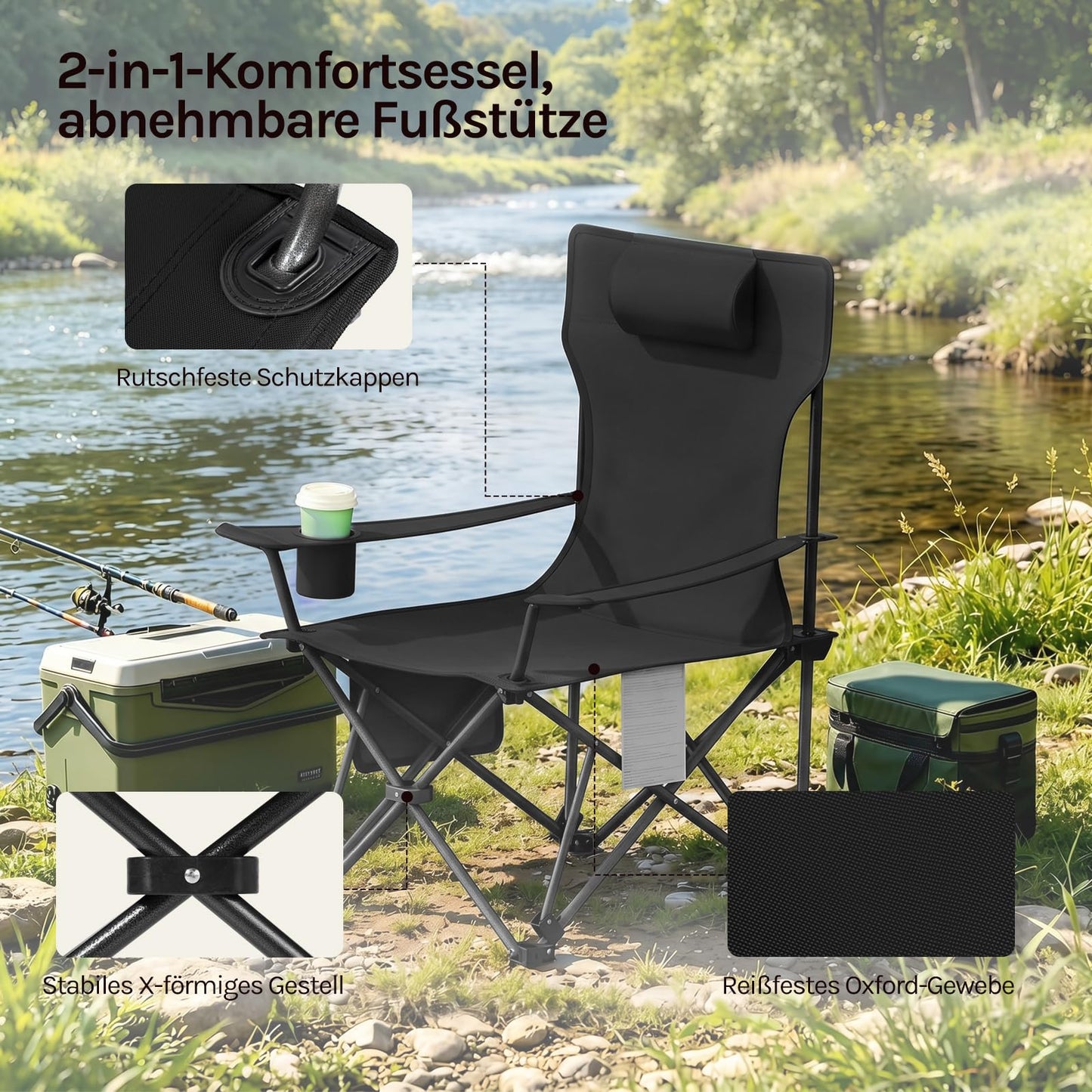 WOLTU 2-in-1-Campingstuhl-Set, 2 Stück – klappbarer Angelstuhl mit Fußstütze – Getränkehalter – grau, schwarz, blau