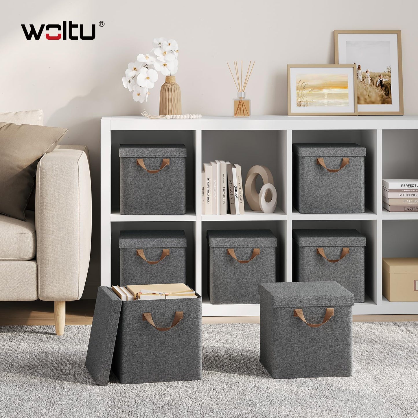 WOLTU Faltbare Aufbewahrungsboxen, 5er-Set – Aufbewahrungswürfel aus Stoff mit Deckel und Metallrahmen – grau, 27 x 27 x 27 cm