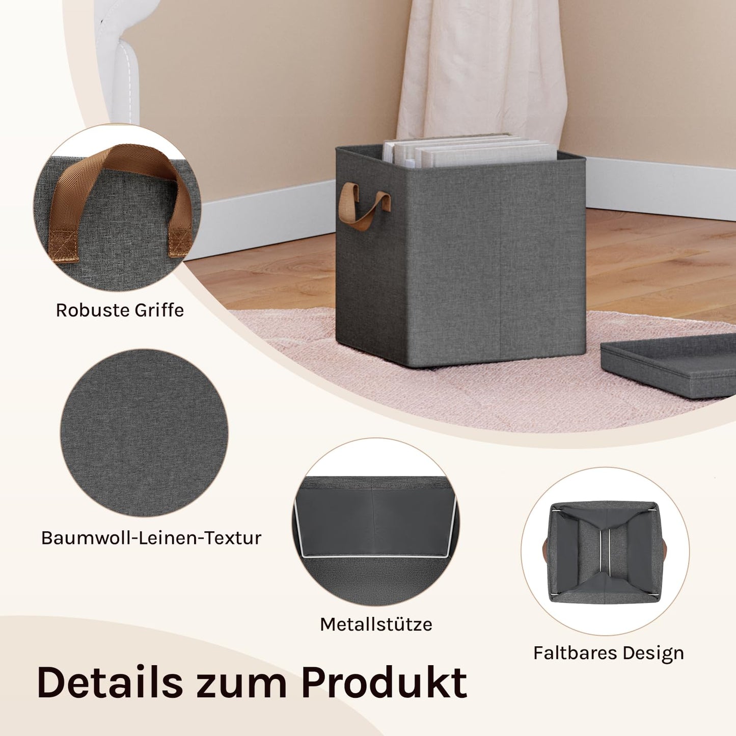 WOLTU Faltbare Aufbewahrungsboxen, 5er-Set – Aufbewahrungswürfel aus Stoff mit Deckel und Metallrahmen – grau, 27 x 27 x 27 cm