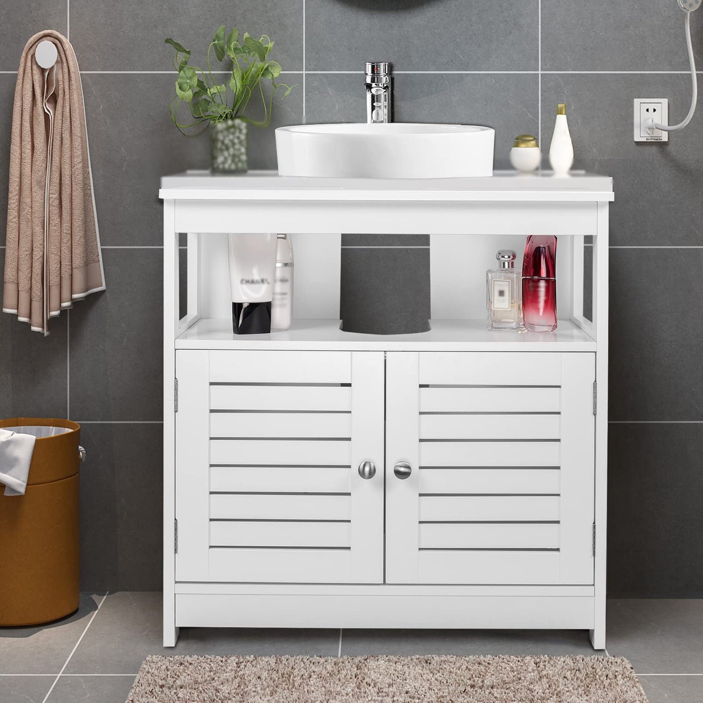 eSituro SBP0023 Waschtischunterschrank – 2 Türen – MDF weiß – 60 x 60 x 30 cm – Landhausstil