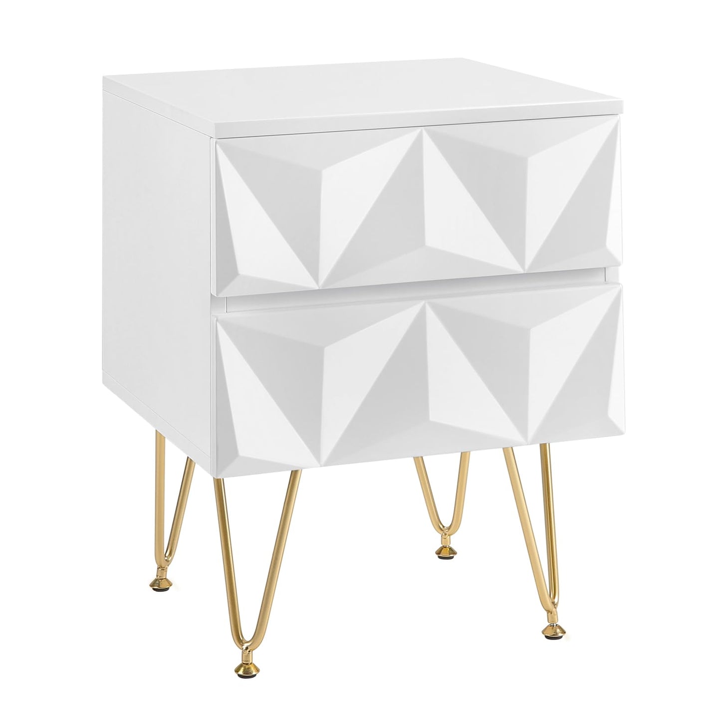 EUGAD Nachttisch mit 2 Schubladen – 3D-Front – weiß und gold – MDF und Metallbeine – 40 x 53 x 40 cm