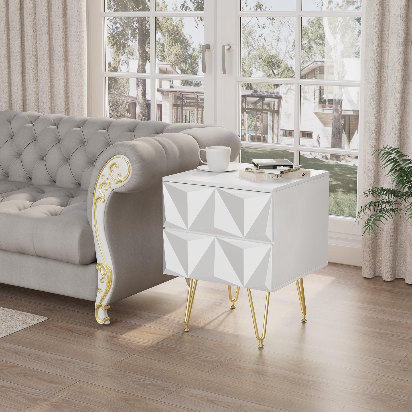 EUGAD Nachttisch mit 2 Schubladen – 3D-Front – weiß und gold – MDF und Metallbeine – 40 x 53 x 40 cm
