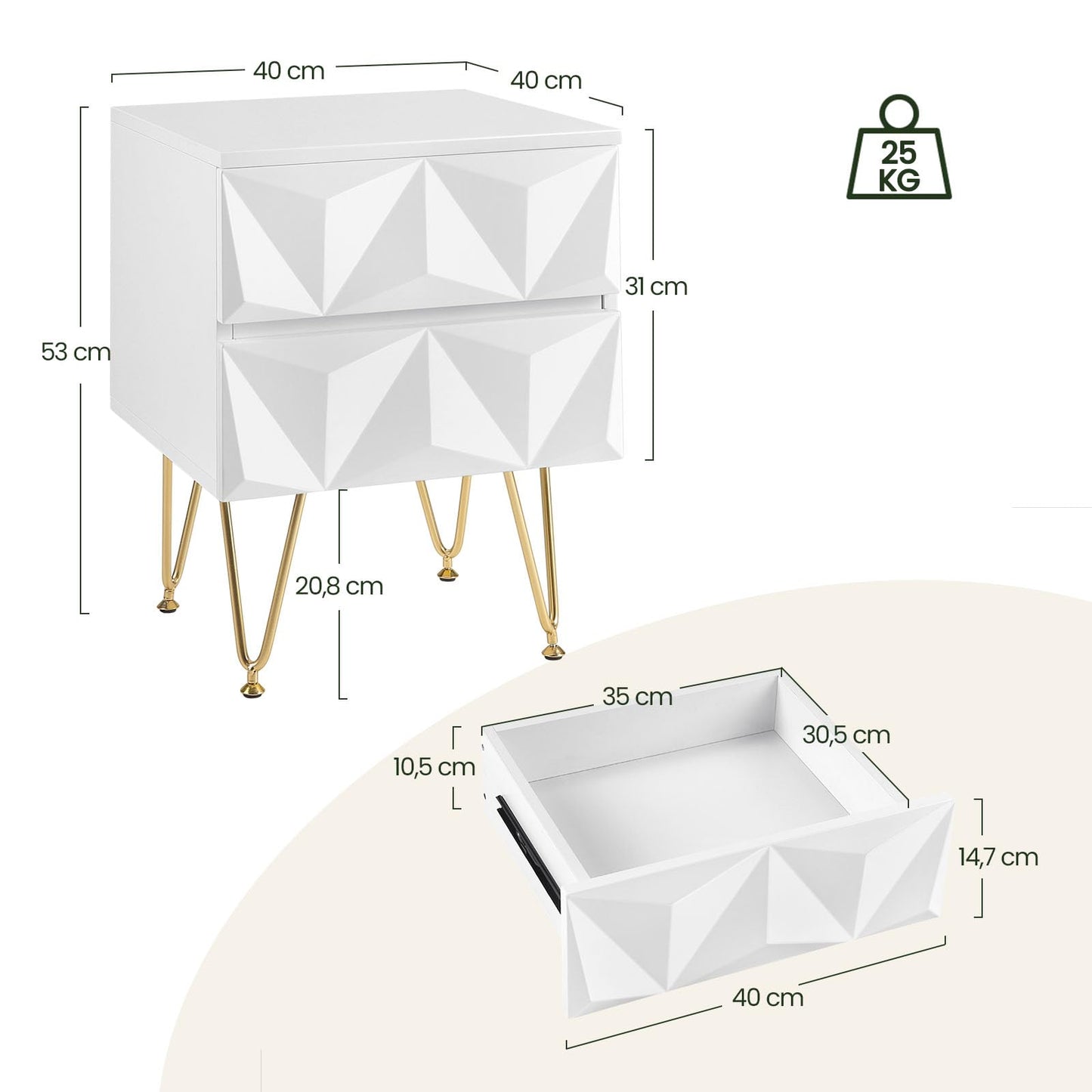 EUGAD Nachttisch mit 2 Schubladen – 3D-Front – weiß und gold – MDF und Metallbeine – 40 x 53 x 40 cm