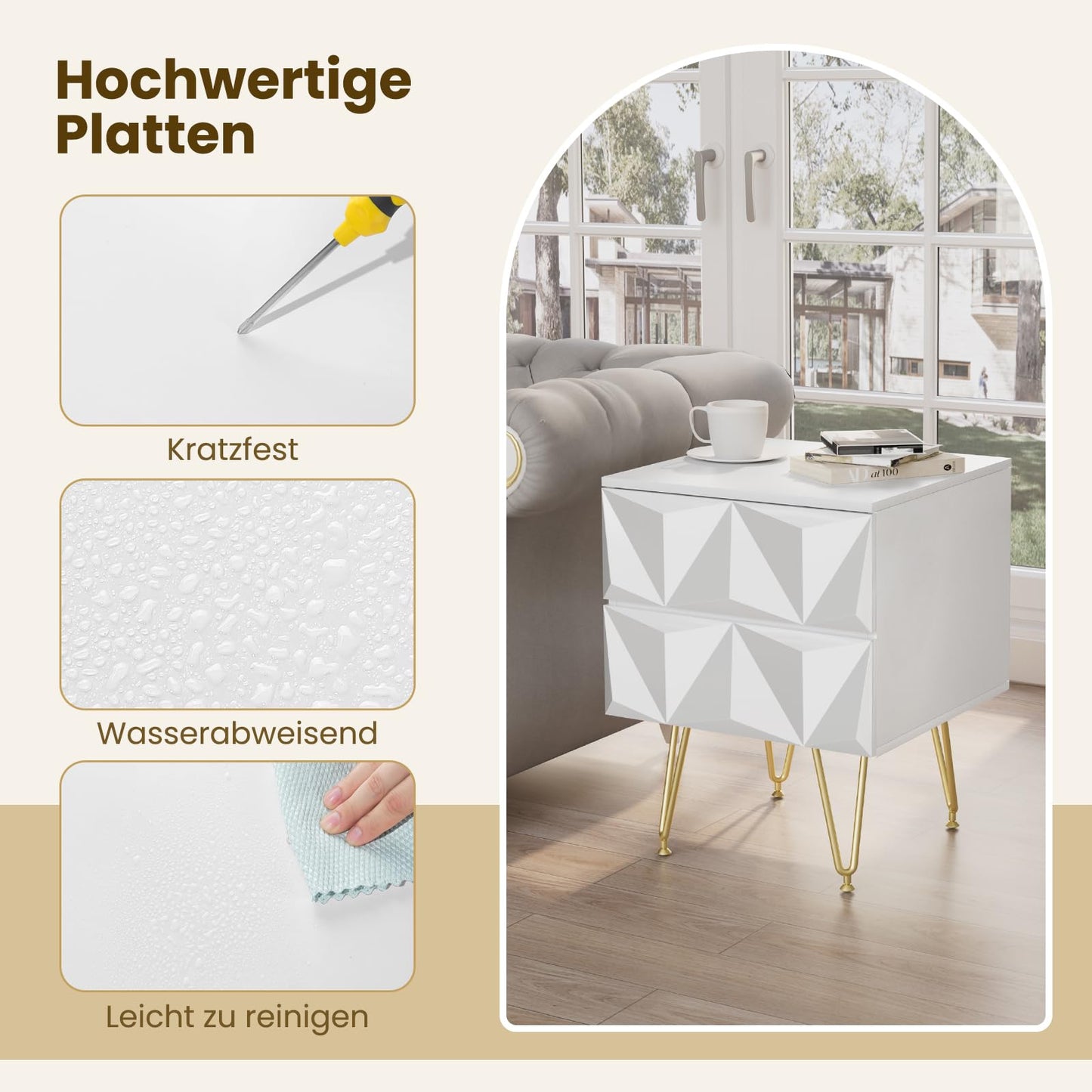 EUGAD Nachttisch mit 2 Schubladen – 3D-Front – weiß und gold – MDF und Metallbeine – 40 x 53 x 40 cm