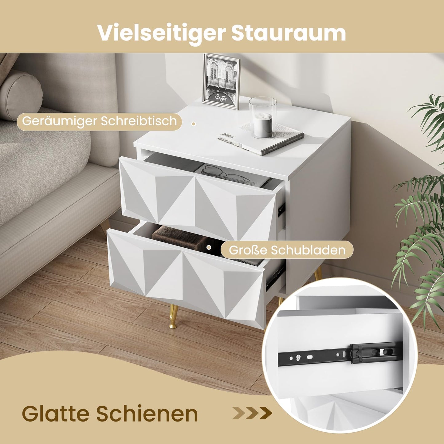 EUGAD Nachttisch mit 2 Schubladen – 3D-Front – weiß und gold – MDF und Metallbeine – 40 x 53 x 40 cm